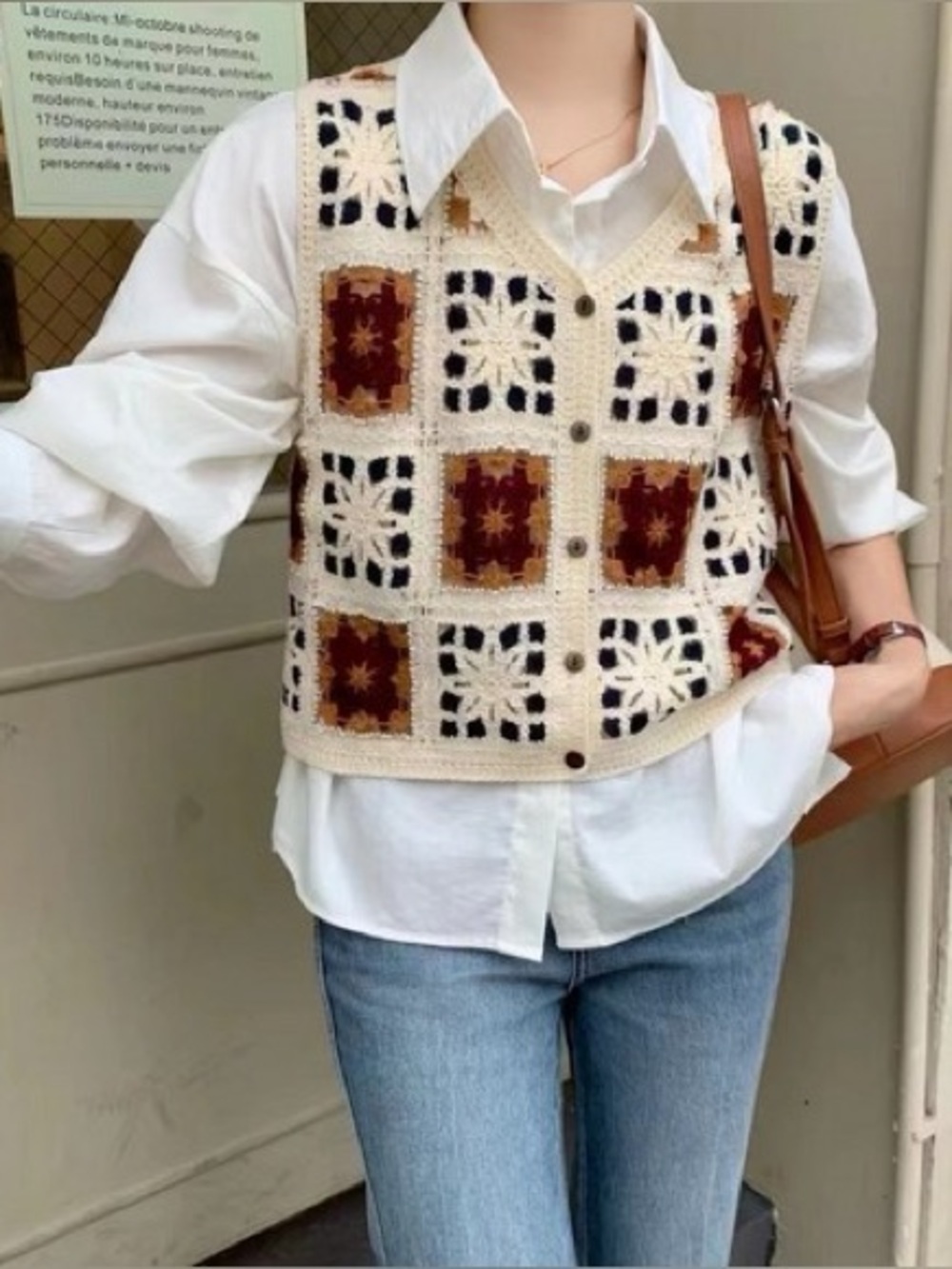 LELIS Collection Crochet Granny Square Vest — Cream/Multicolor, Size M/L